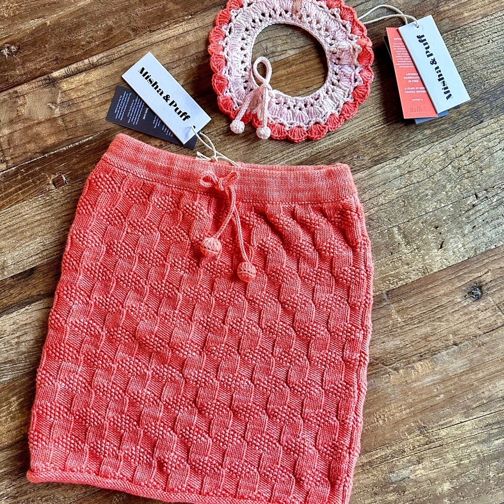Misha & Puff Coral Block Stitch Knit Skirt and Collar Set in Melon